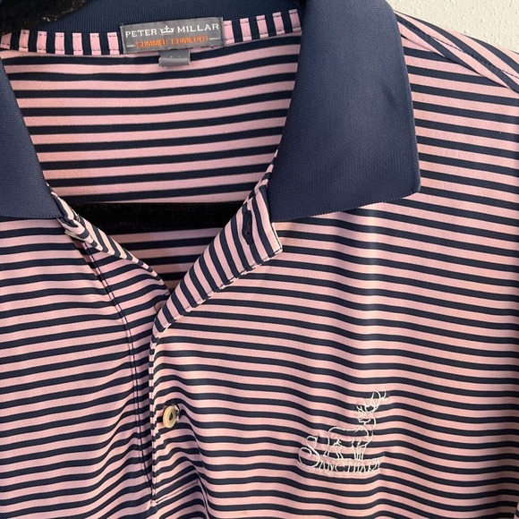 Peter Millar Summer Comfort Large Golf Polo Navy & Pink Striped Sanctuary Logo - Picture 2 of 3